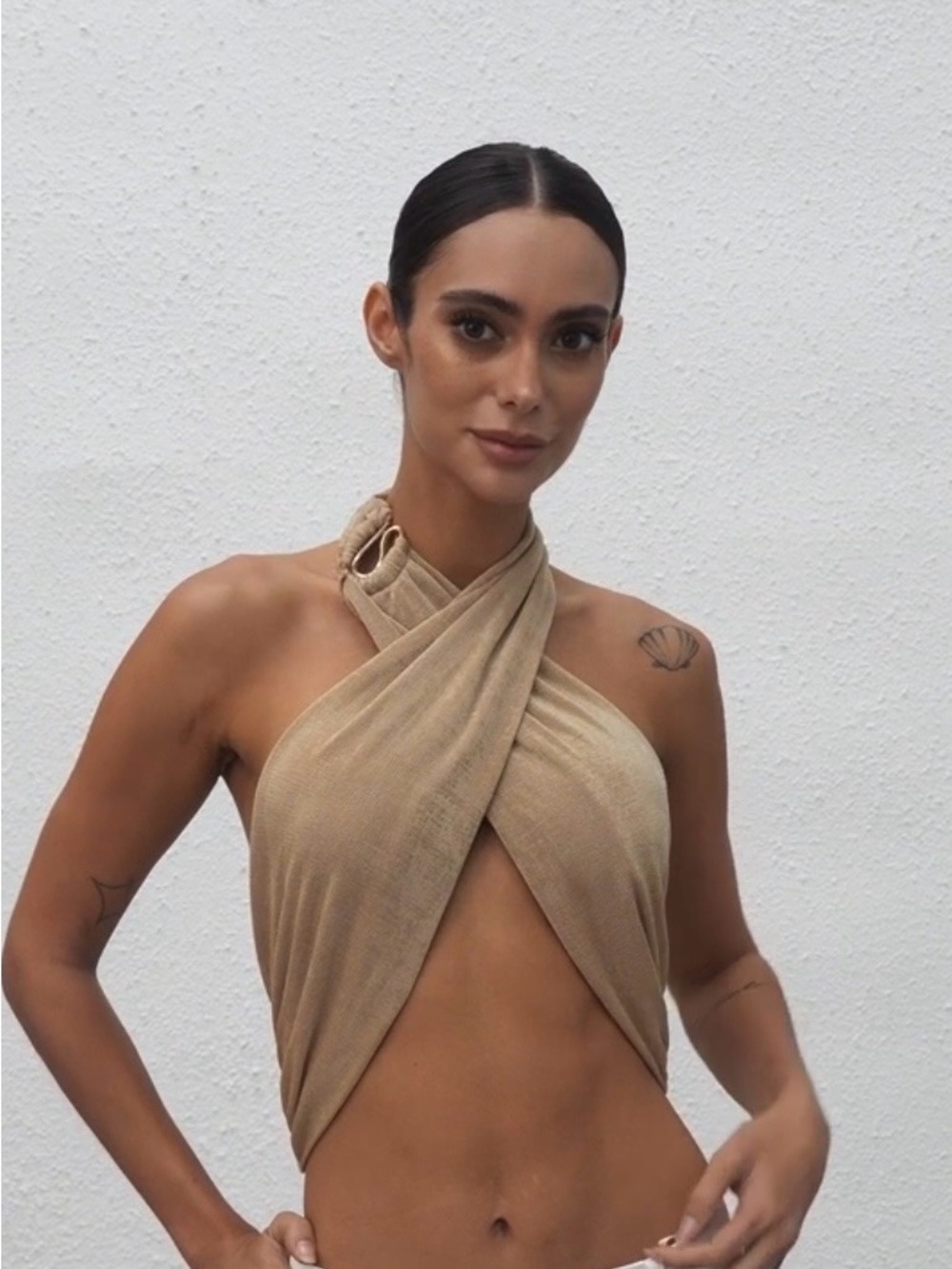 Micas Ruched Halter Crop Top in Beige - Picture 3 of 4